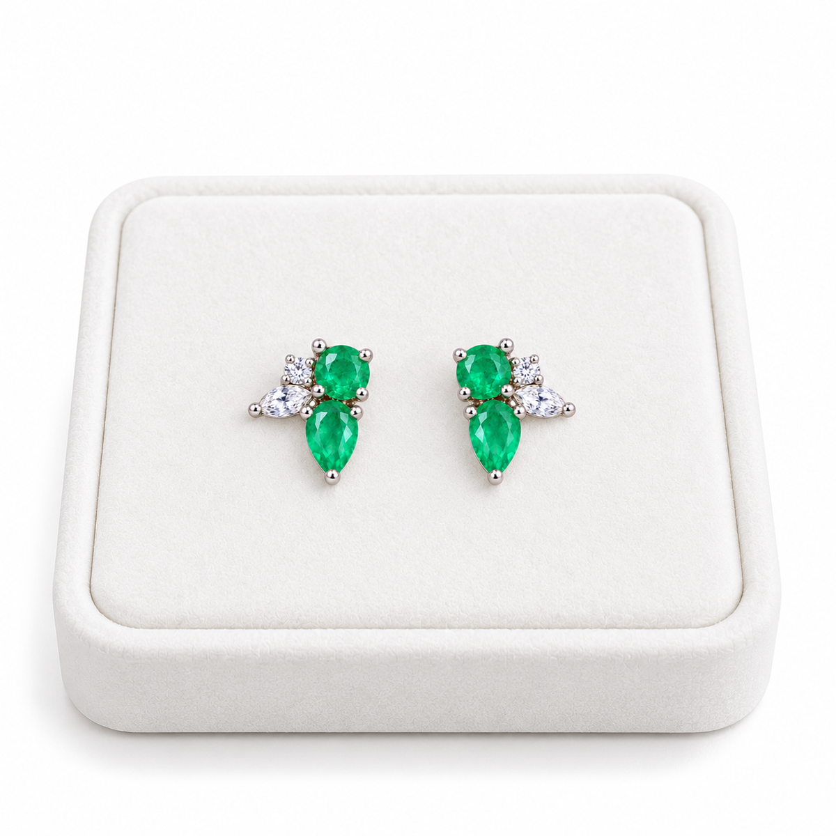 Natural Emerald Round and Pear Cut Floral Stud Earrings in 925 Sterling Silver with CZ