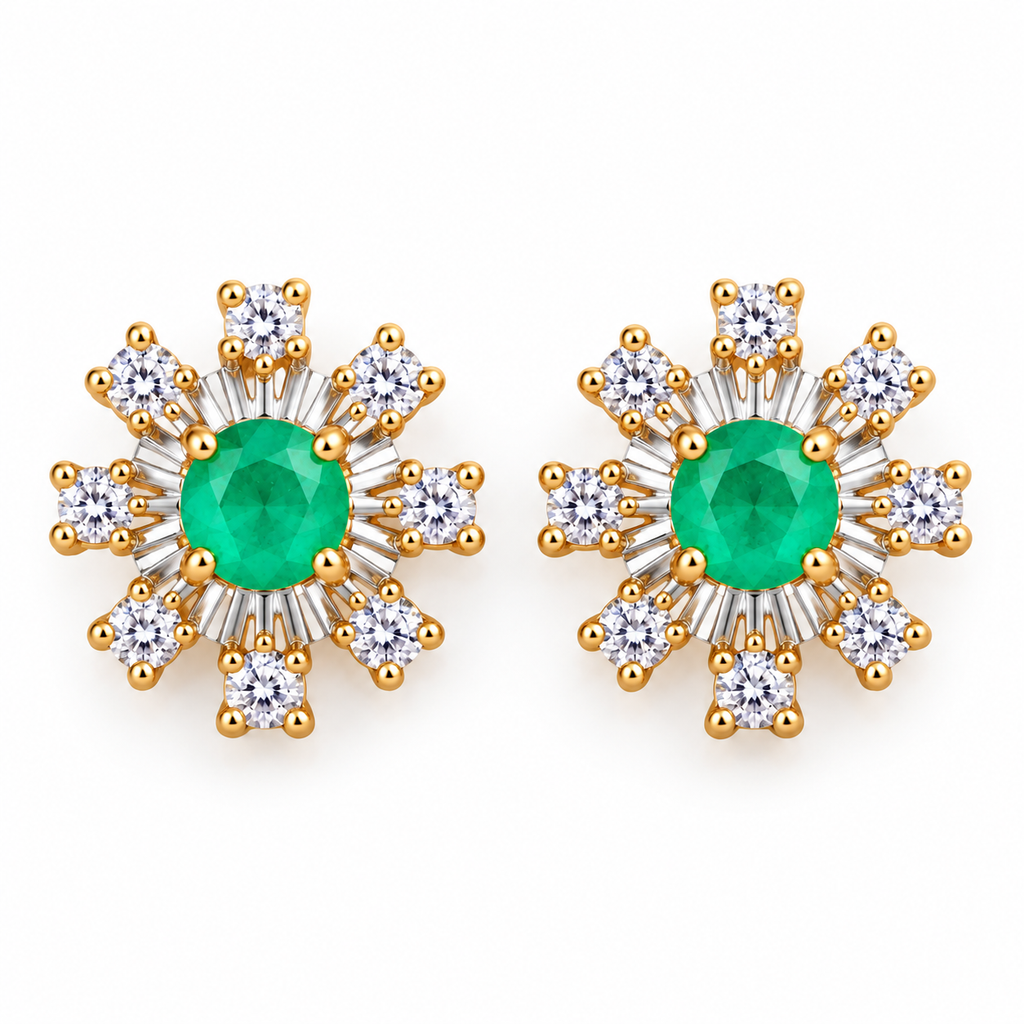 Natural Emerald 3mm Round Snowflake Stud Earrings with CZ in 925 Sterling Silver