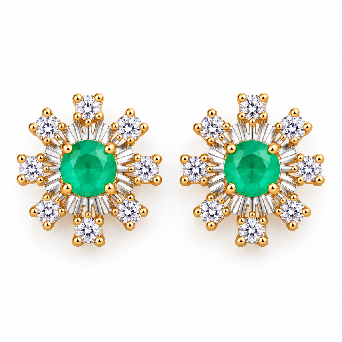 Natural Emerald 3mm Round Snowflake Stud Earrings with CZ in 925 Sterling Silver