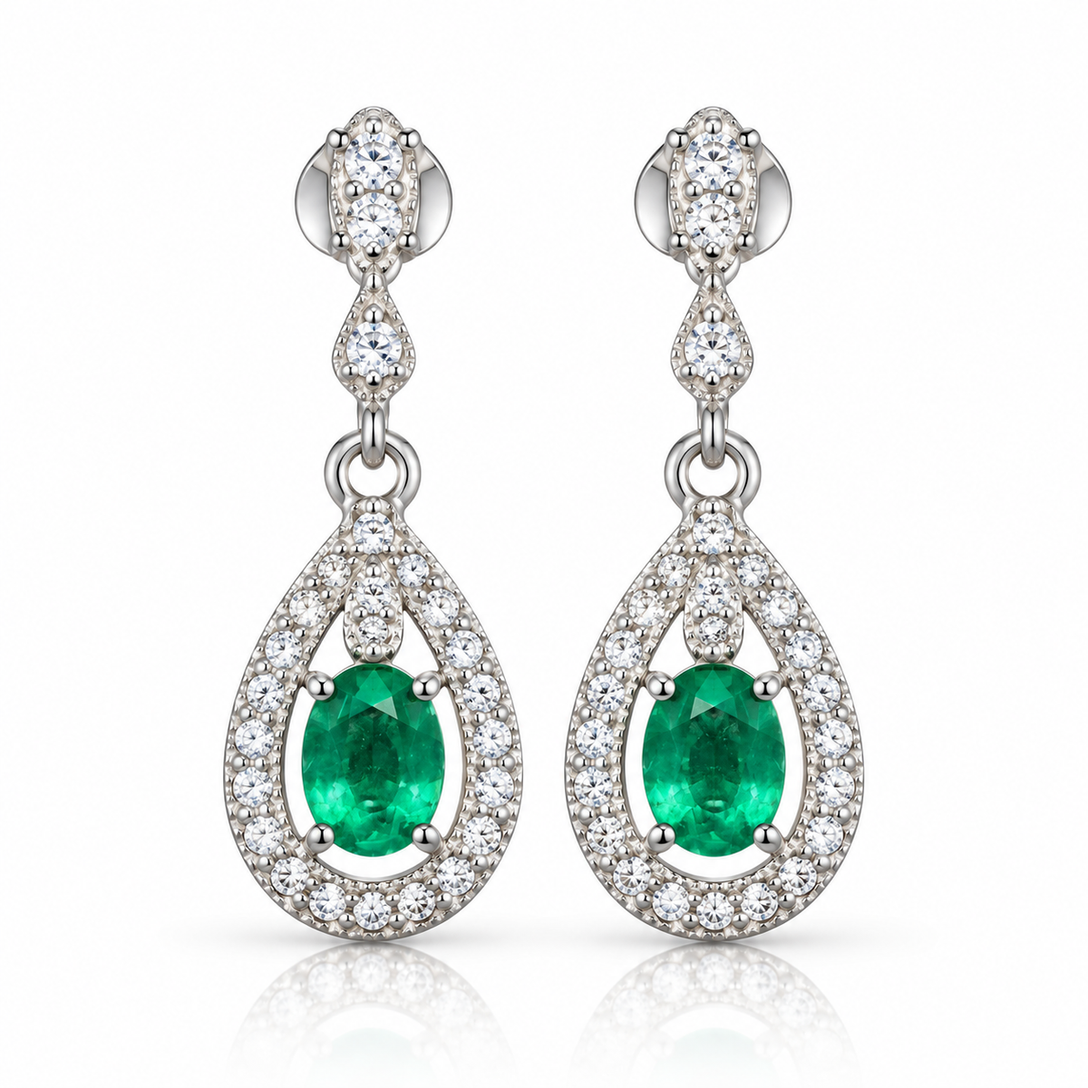 Natural Emerald 4x5mm Oval Teardrop Halo Dangle Earrings in 925 Sterling Silver with CZ
