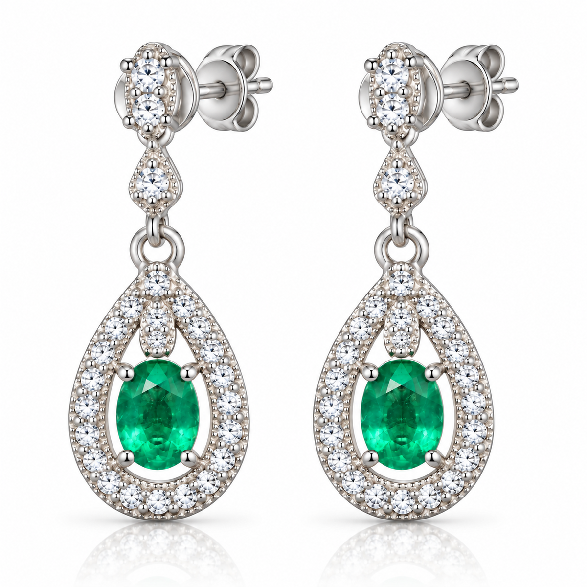 Natural Emerald 4x5mm Oval Teardrop Halo Dangle Earrings in 925 Sterling Silver with CZ