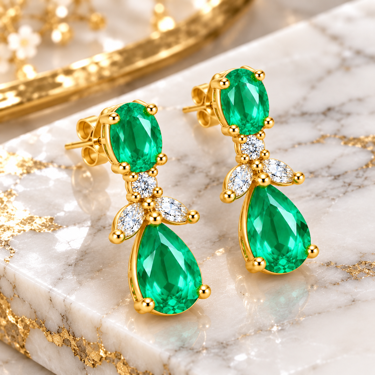 Natural Emerald 4x6mm Oval and Pear Cut Drop Earrings in Gold Plated 925 Sterling Silver