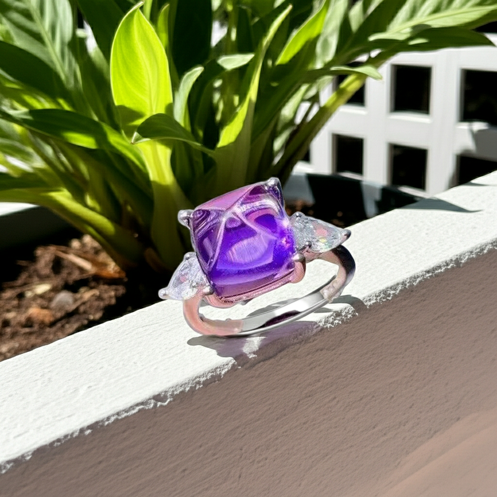 4CT Sugarloaf Cut Amethyst Gemstone Ring 10x10mm