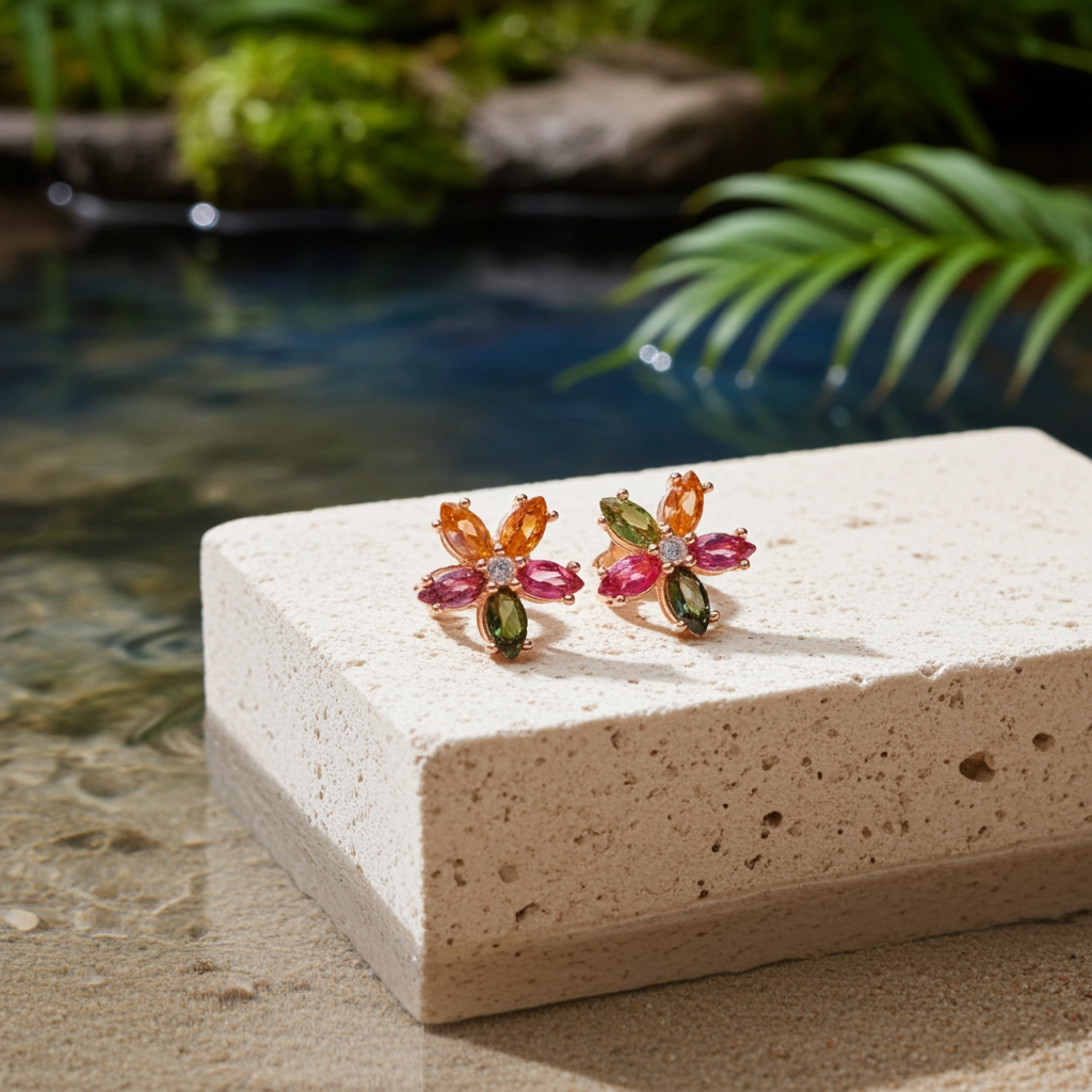 Marquise Cut Tourmaline Flower Earrings 3x6mm
