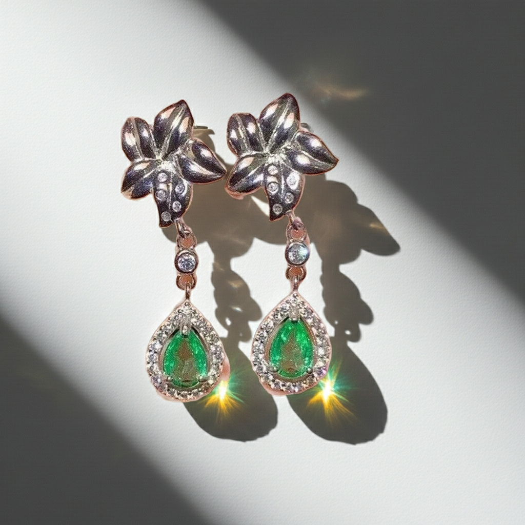 Natural Emerald Flower Dangle Earrings 4x6mm Platinum Plated