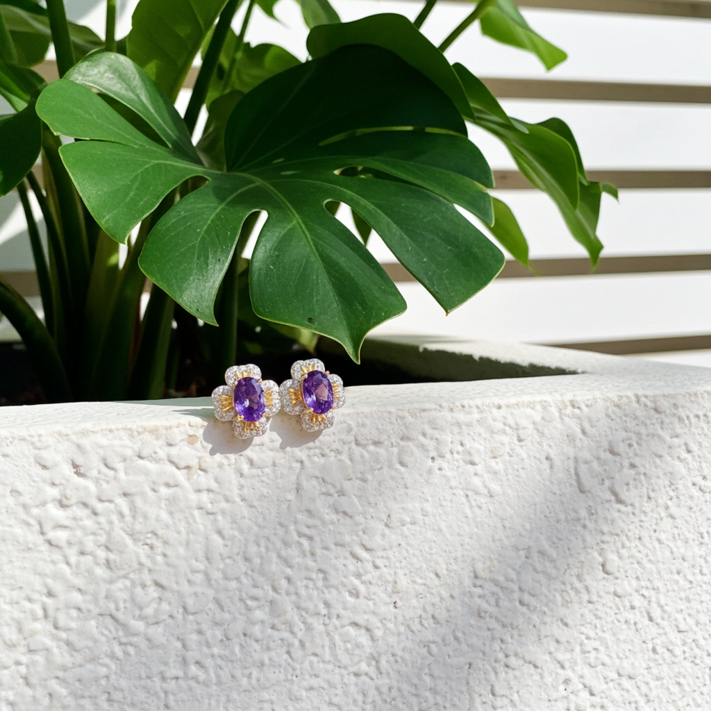 1 Carat Amethyst Flower Stud Earrings 925 Sterling Silver