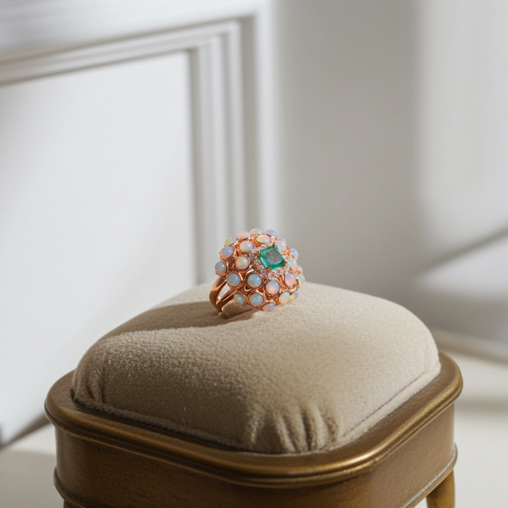 White Opal Fire & Emerald Turkish Ring 5mm