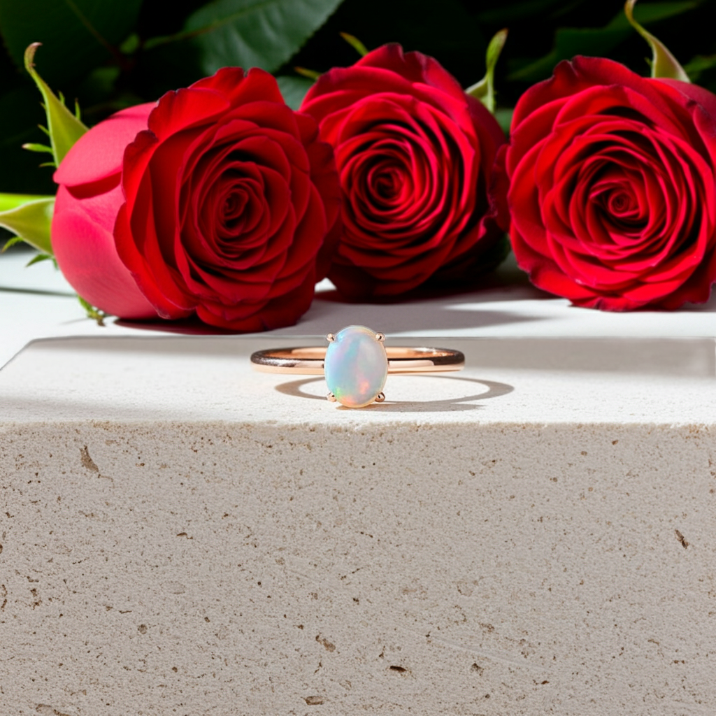Australian Opal Statement Ring, Natural White Opal Ring 5x7mm
