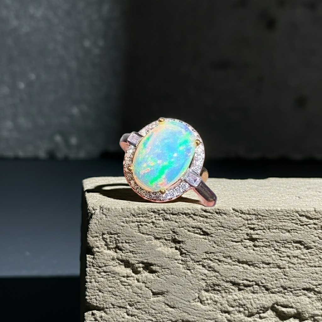 Australian White Opal Ring 8x10mm 925 Sterling Silver