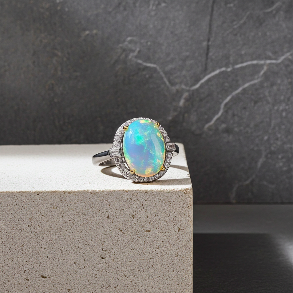 Australian White Opal Ring 8x10mm 925 Sterling Silver