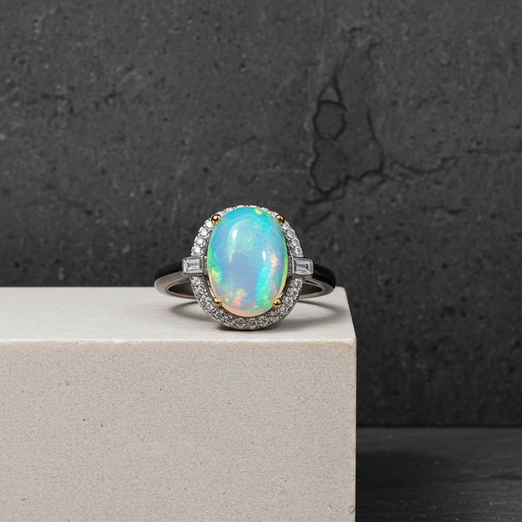 Australian White Opal Ring 8x10mm 925 Sterling Silver