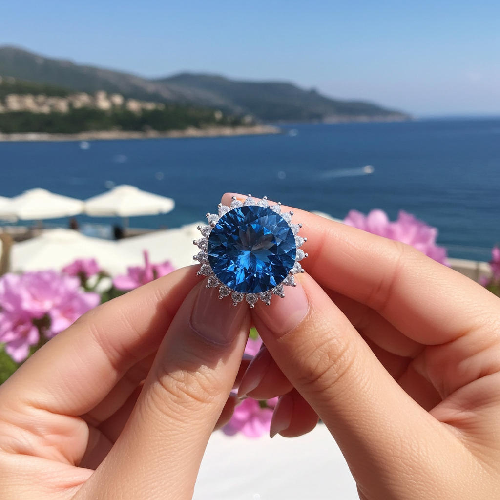12Ct Firework Cut London Blue Topaz Halo Engagement Ring 925 Sterling Silver