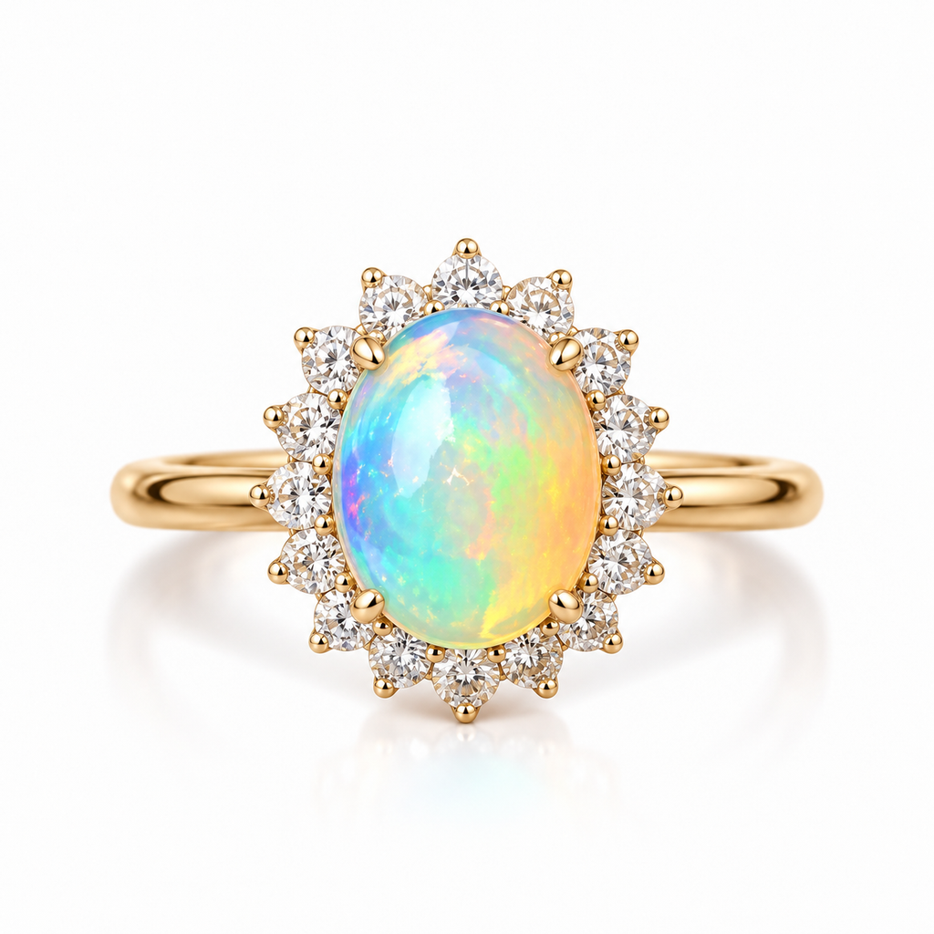 Natural 8x10mm fire opal halo ring with clear cubic zirconia accents in a gold-colored setting.