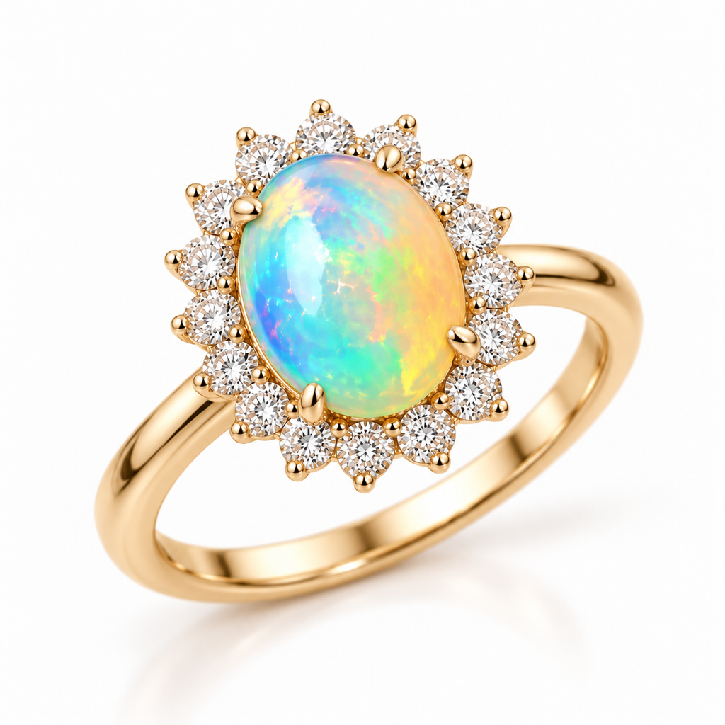 Side profile of the fire opal halo ring showing its setting and band.