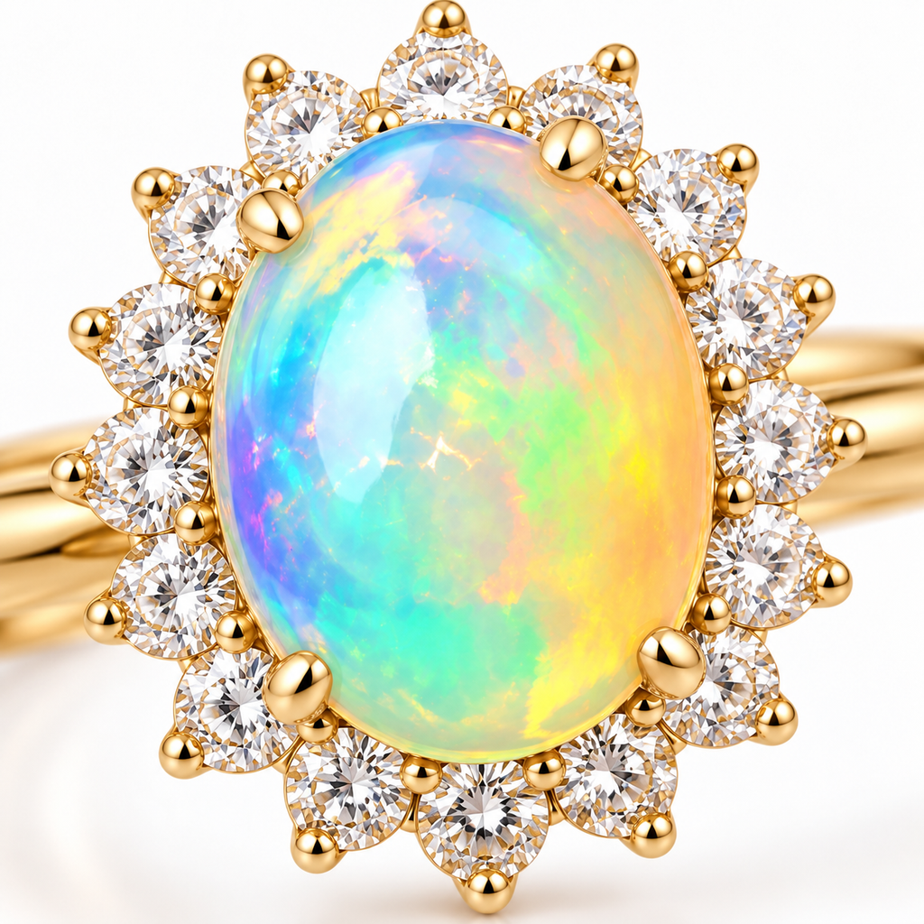 Close-up of the colorful fire opal center stone and cubic zirconia accents.