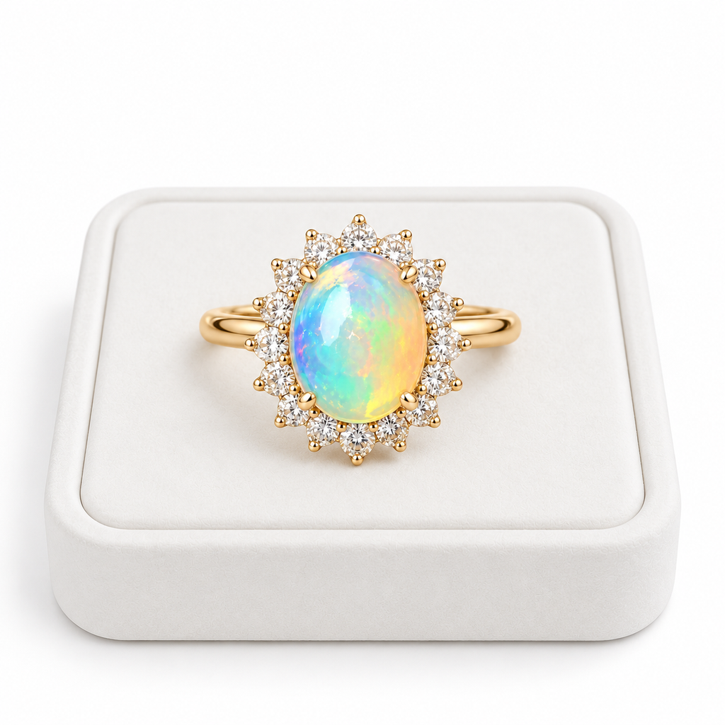 A yellow gold ring featuring a large oval iridescent opal center stone surrounded by a halo of small clear stones, displayed on a white ring box.