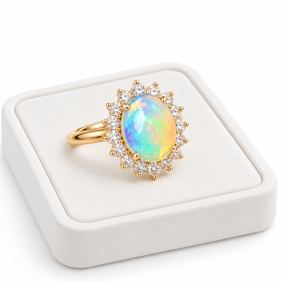 A gold ring with a large iridescent opal center stone and a halo of small clear stones, displayed on a white ring box.