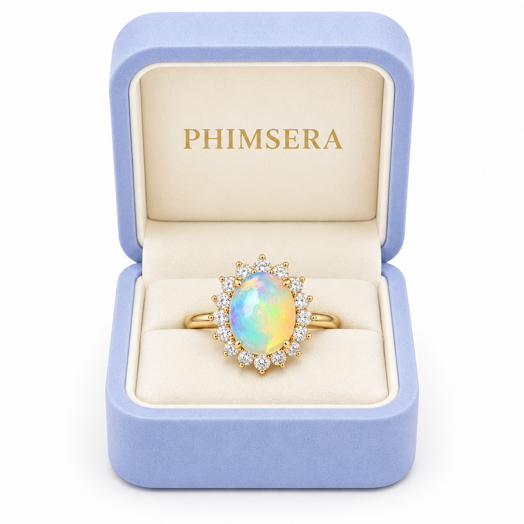 A gold ring with an oval iridescent opal center stone and a halo of small clear stones, displayed in an open light blue jewelry box with the brand name PHIMSERA on the inside lid.