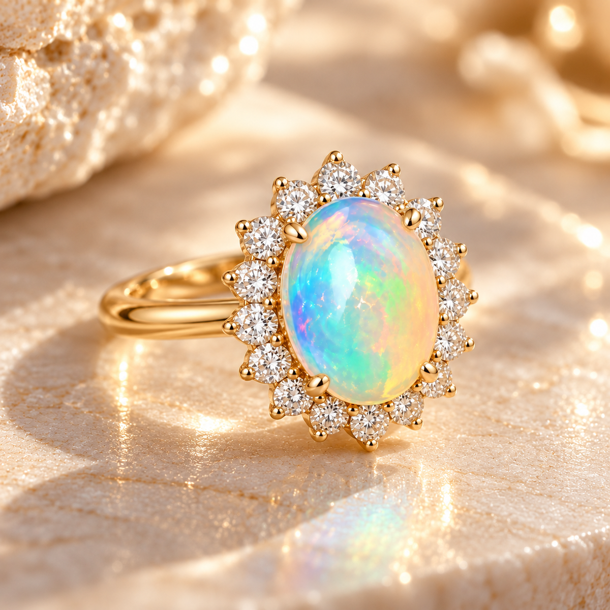 A gold ring featuring an oval opal center stone surrounded by a halo of small clear stones, displayed on a shimmering gold surface.