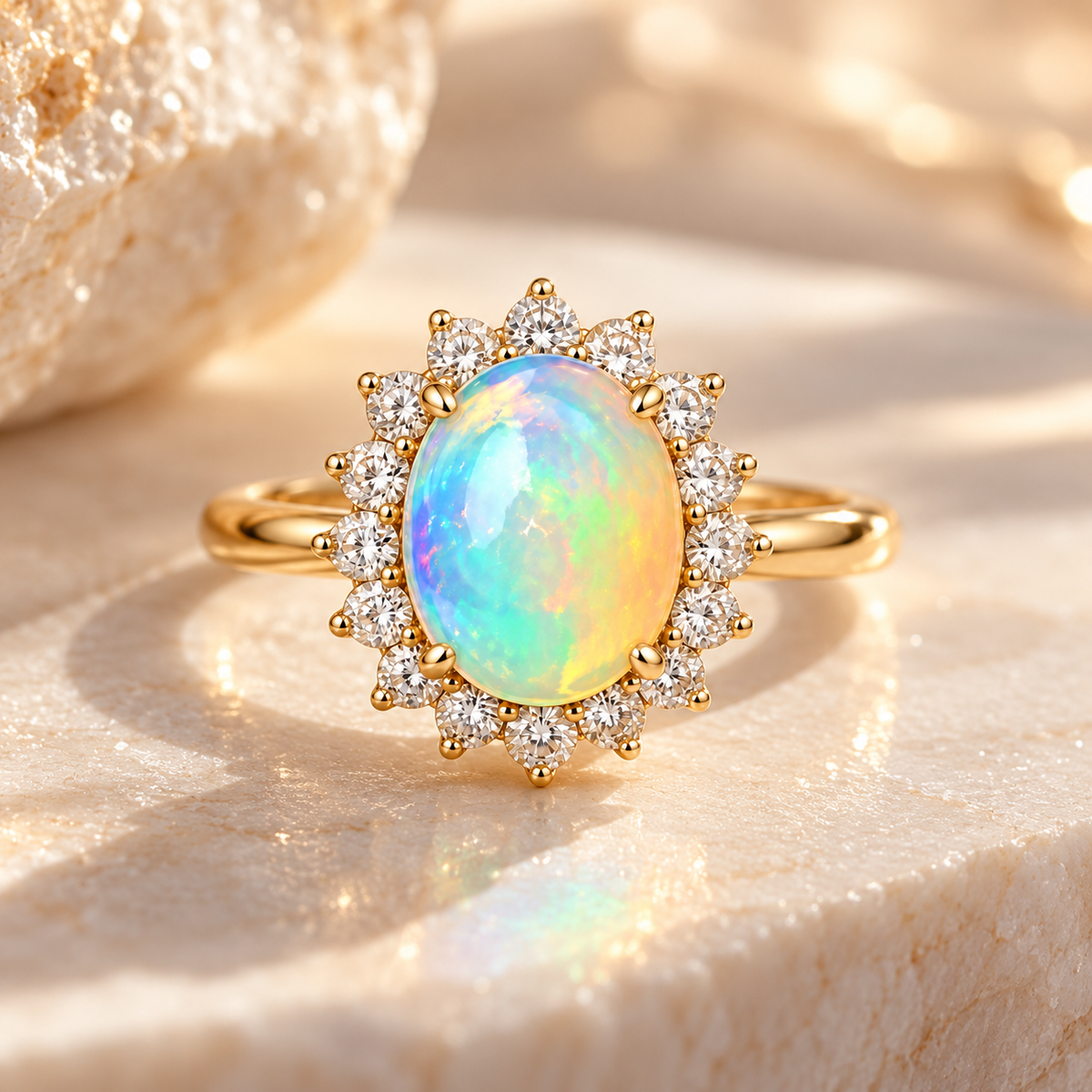 A gold ring featuring an oval iridescent opal center stone surrounded by a halo of small clear stones, displayed on a textured light stone surface with warm sunlight.