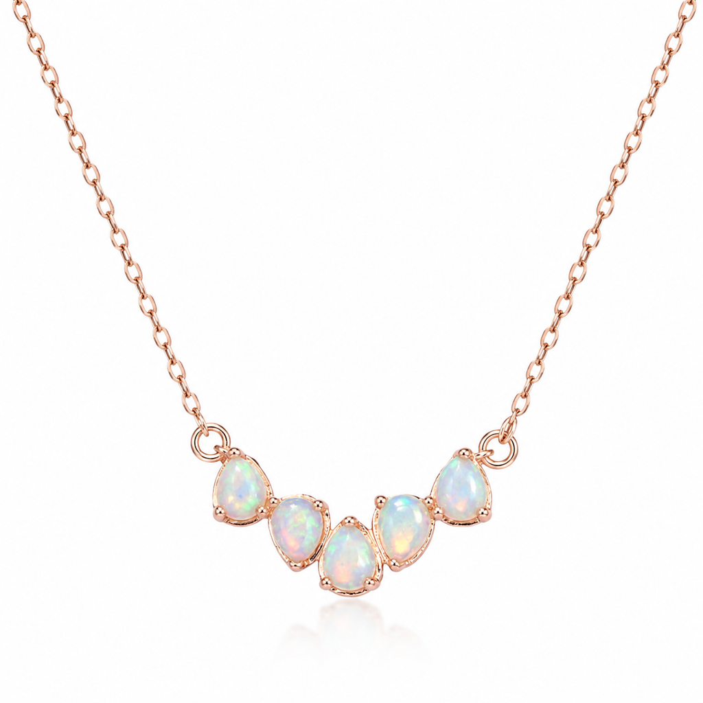 Natural Fire Opal 3x4mm pear cut clavicle chain necklace in rose gold plated 925 sterling silver