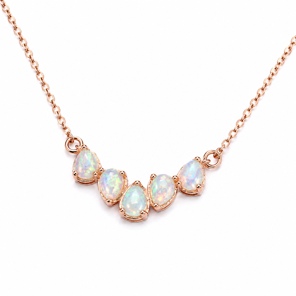 Natural Fire Opal 3x4mm pear cut clavicle chain necklace in rose gold plated 925 sterling silver