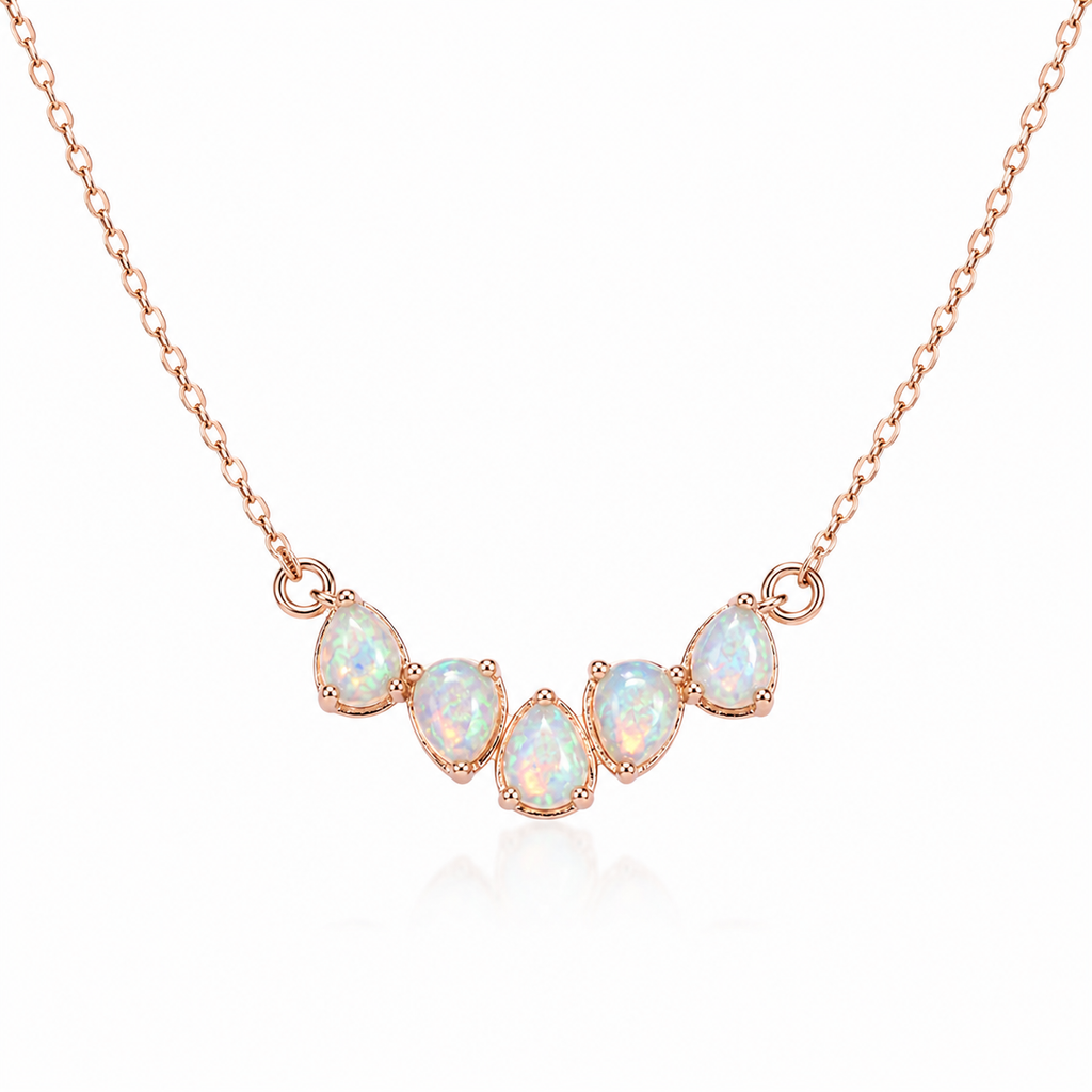 Natural Fire Opal 3x4mm pear cut clavicle chain necklace in rose gold plated 925 sterling silver