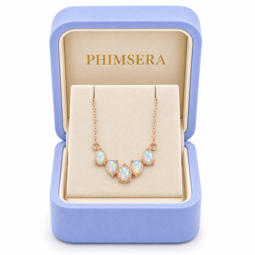 Natural Fire Opal 3x4mm gemstone necklace presented in Phimsera jewelry box