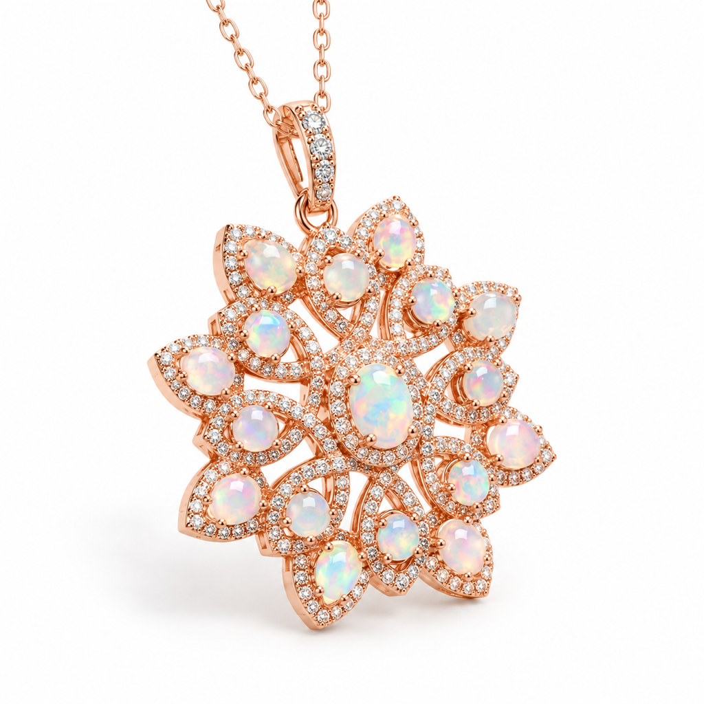 Natural Australian opal floral pendant necklace with colorful natural play-of-color