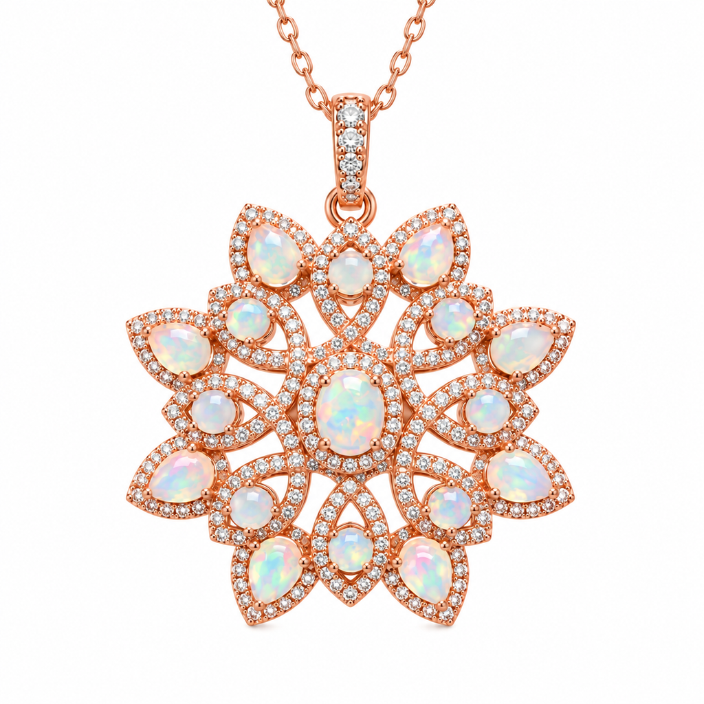 Natural Australian opal necklace showing detailed floral gemstone pendant