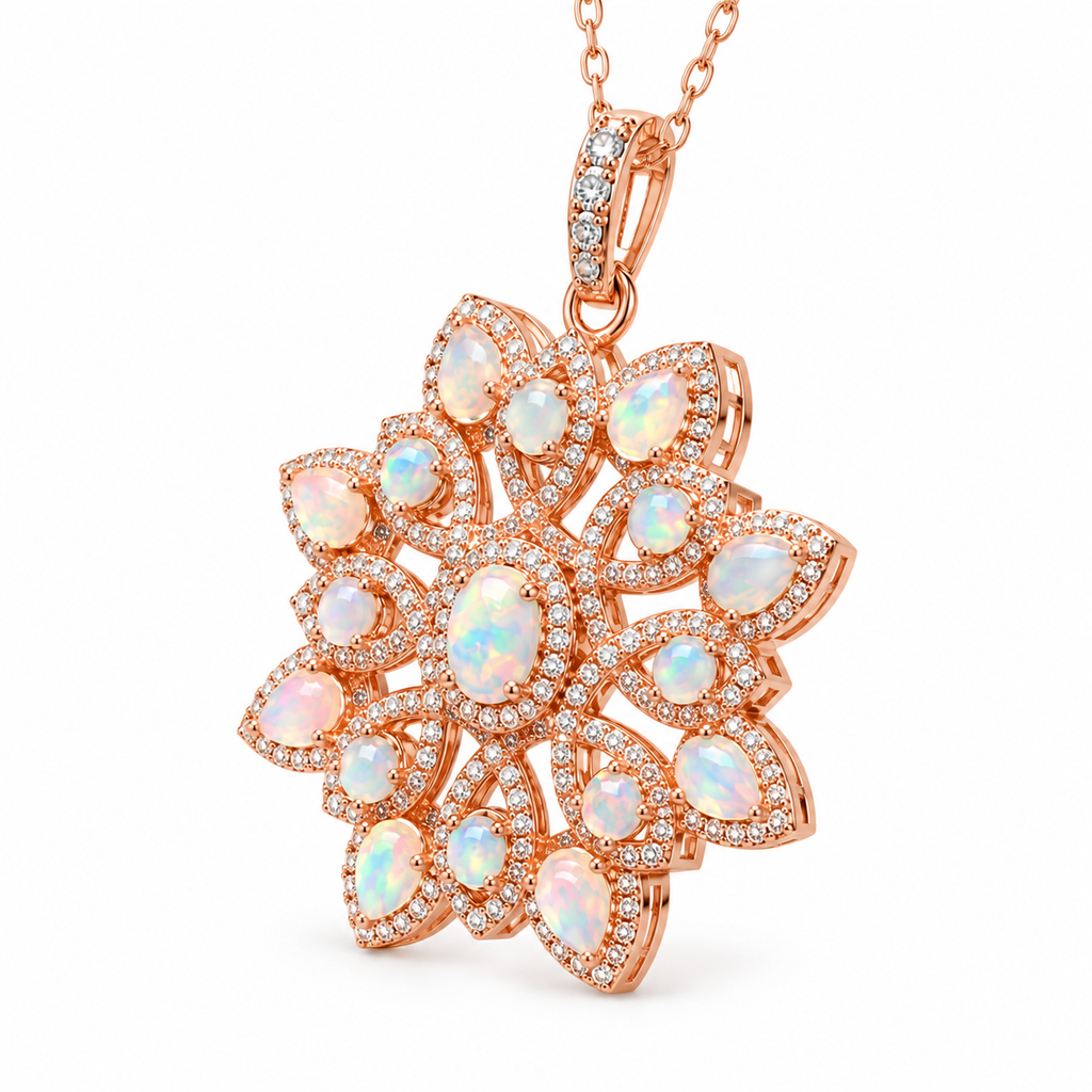 Rose gold natural Australian opal flower pendant with multiple opal gemstones