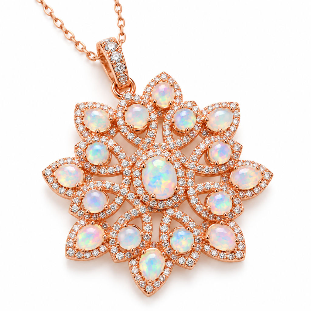 Close-up of natural Australian opal gemstones in an intricate floral necklace