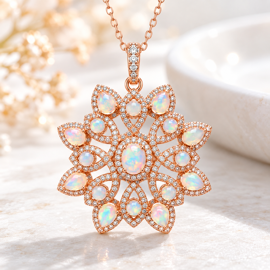 Natural Australian opal floral necklace styled as elegant gemstone jewelry