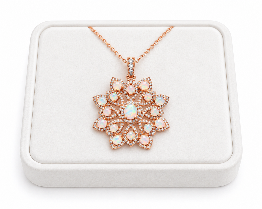 Natural Australian opal flower necklace displayed on a white velvet jewelry tray