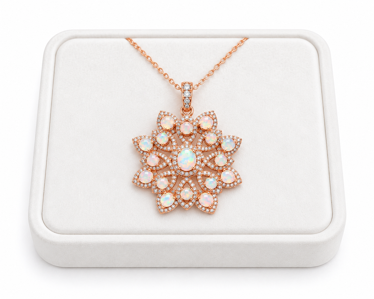 Natural Australian opal flower necklace displayed on a white velvet jewelry tray