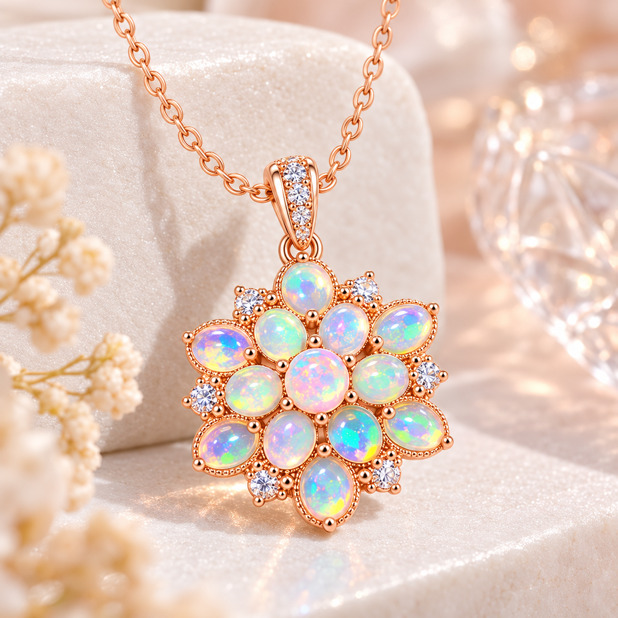 Natural Fire Opal floral cluster necklace with 13 3x4mm multicolor gemstones in Rose Gold Plated 925 Sterling Silver