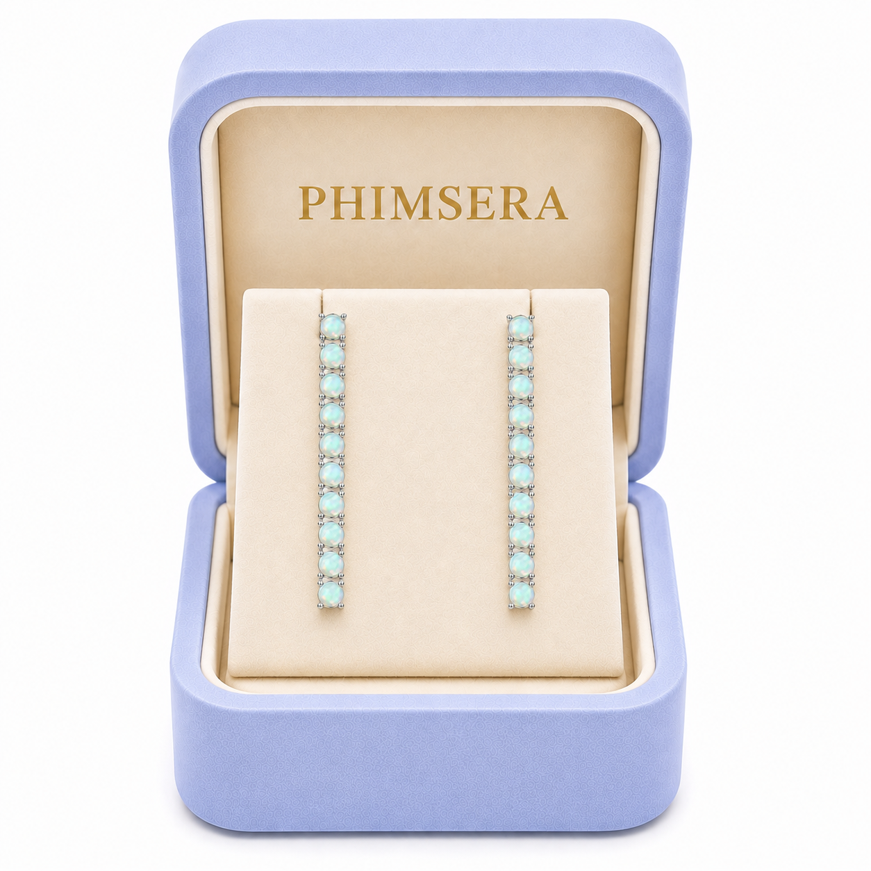 Phimsera 3mm round natural fire opal dangle earrings presented inside a Phimsera jewelry box
