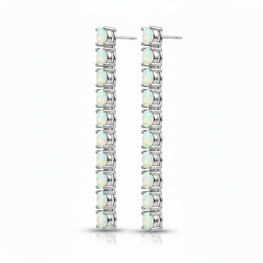 Phimsera 3mm round natural fire opal dangle earrings shown from an elegant angled view with 10 gemstones on each earring