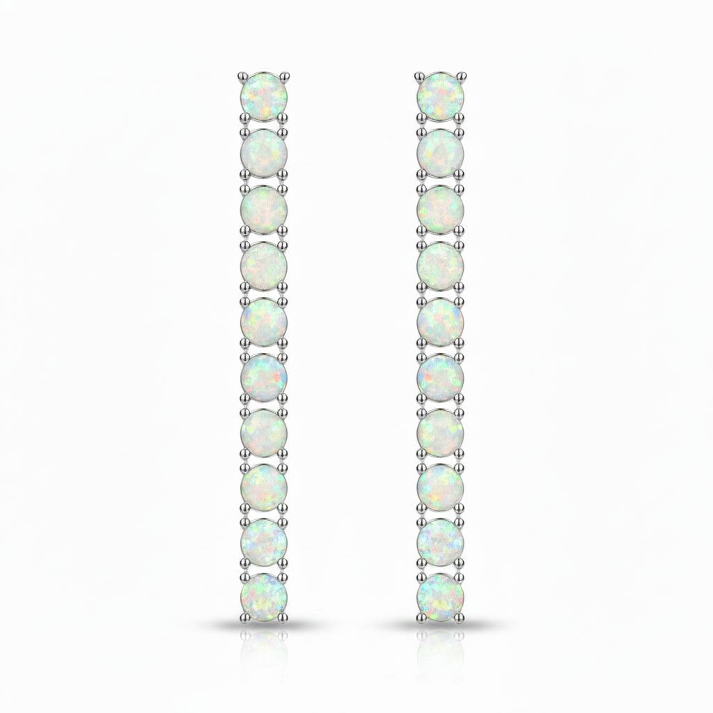 Phimsera natural fire opal dangle earrings featuring 20 round 3mm gemstones arranged in an elegant vertical design