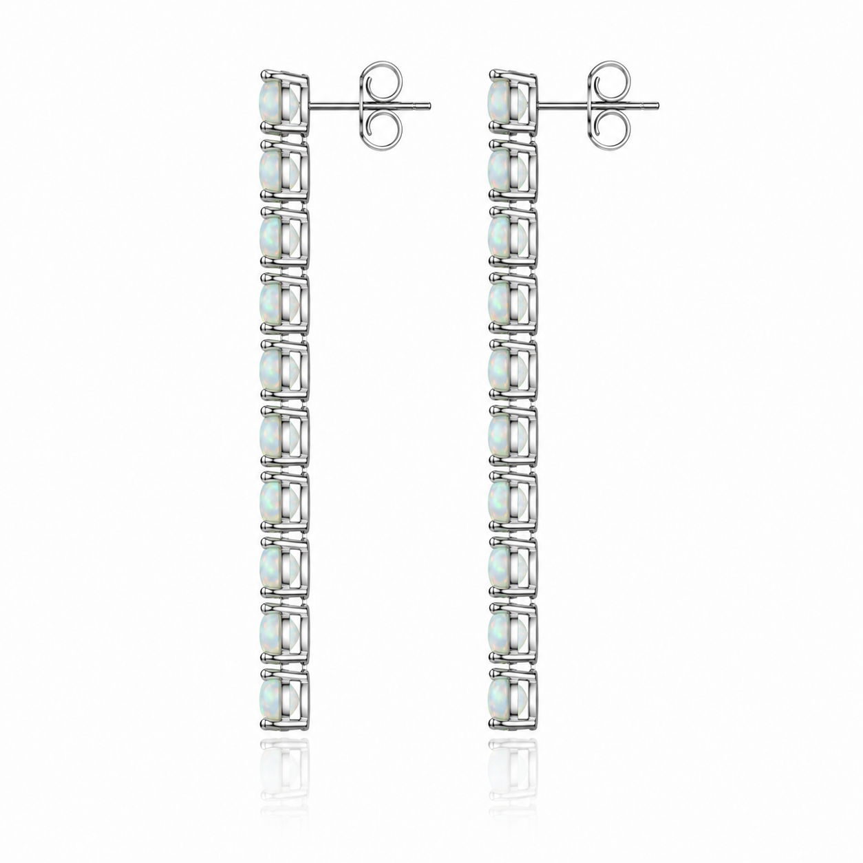 Side view of Phimsera 3mm round fire opal dangle earrings showing the elongated gemstone arrangement and sterling silver settings