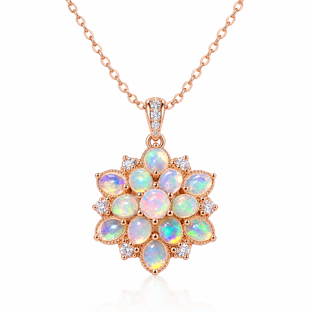 Natural Fire Opal floral cluster necklace with 13 3x4mm multicolor gemstones in Rose Gold Plated 925 Sterling Silver
