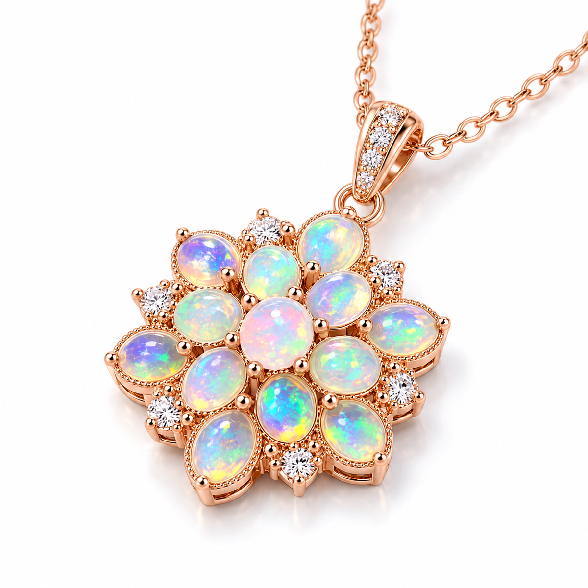 Close-up natural Fire Opal floral cluster pendant necklace featuring 3x4mm multicolor gemstones