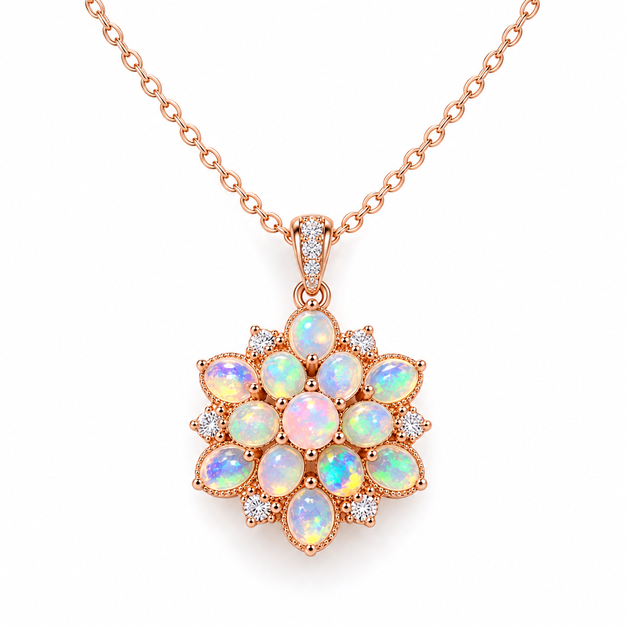 Natural Fire Opal flower pendant necklace with multiple 3x4mm oval and rounded gemstones