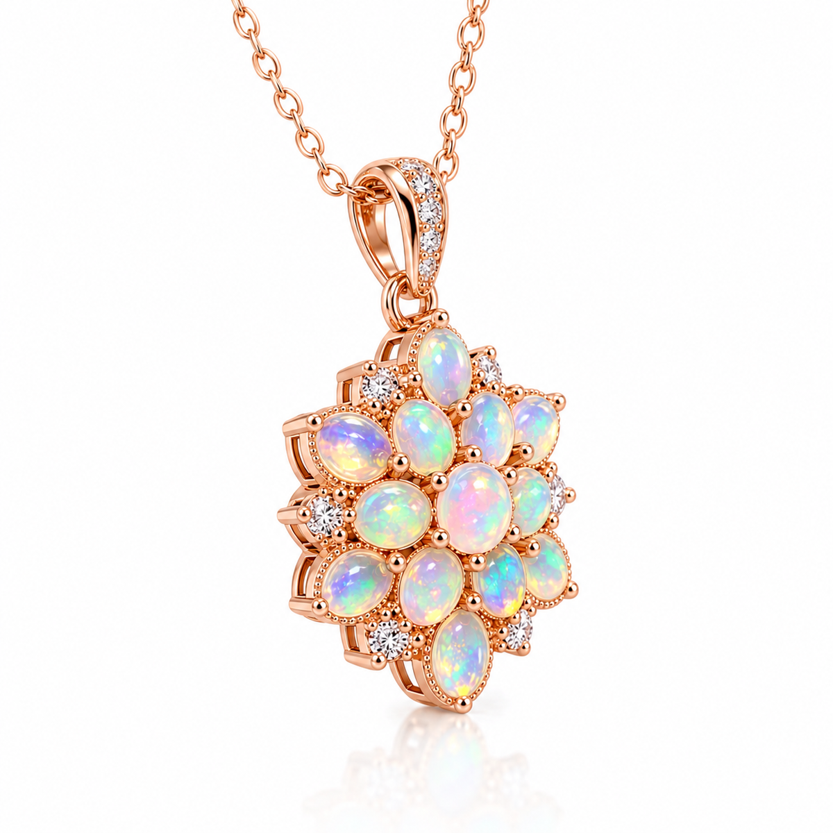 Natural Fire Opal floral cluster necklace in Rose Gold Plated 925 Sterling Silver