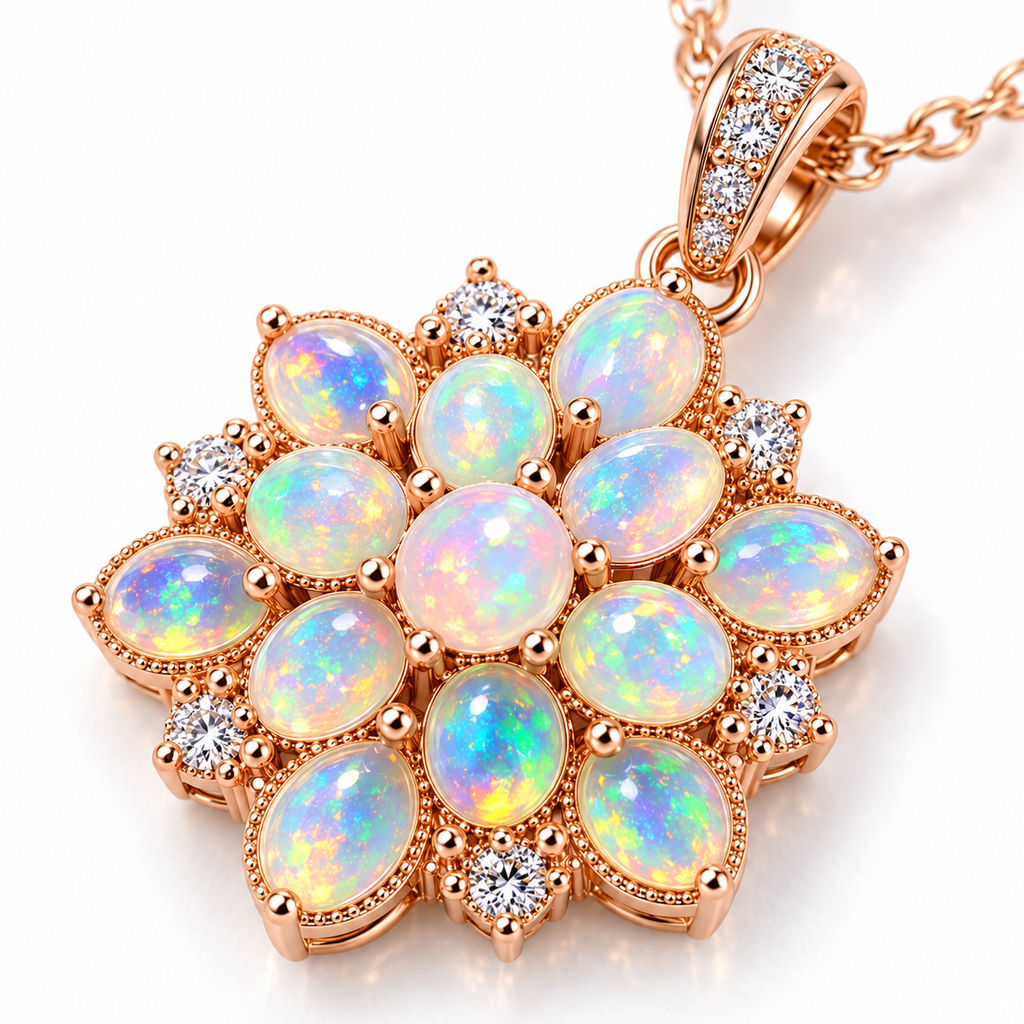 Detailed view of 3x4mm natural Fire Opal gemstones in a floral cluster pendant