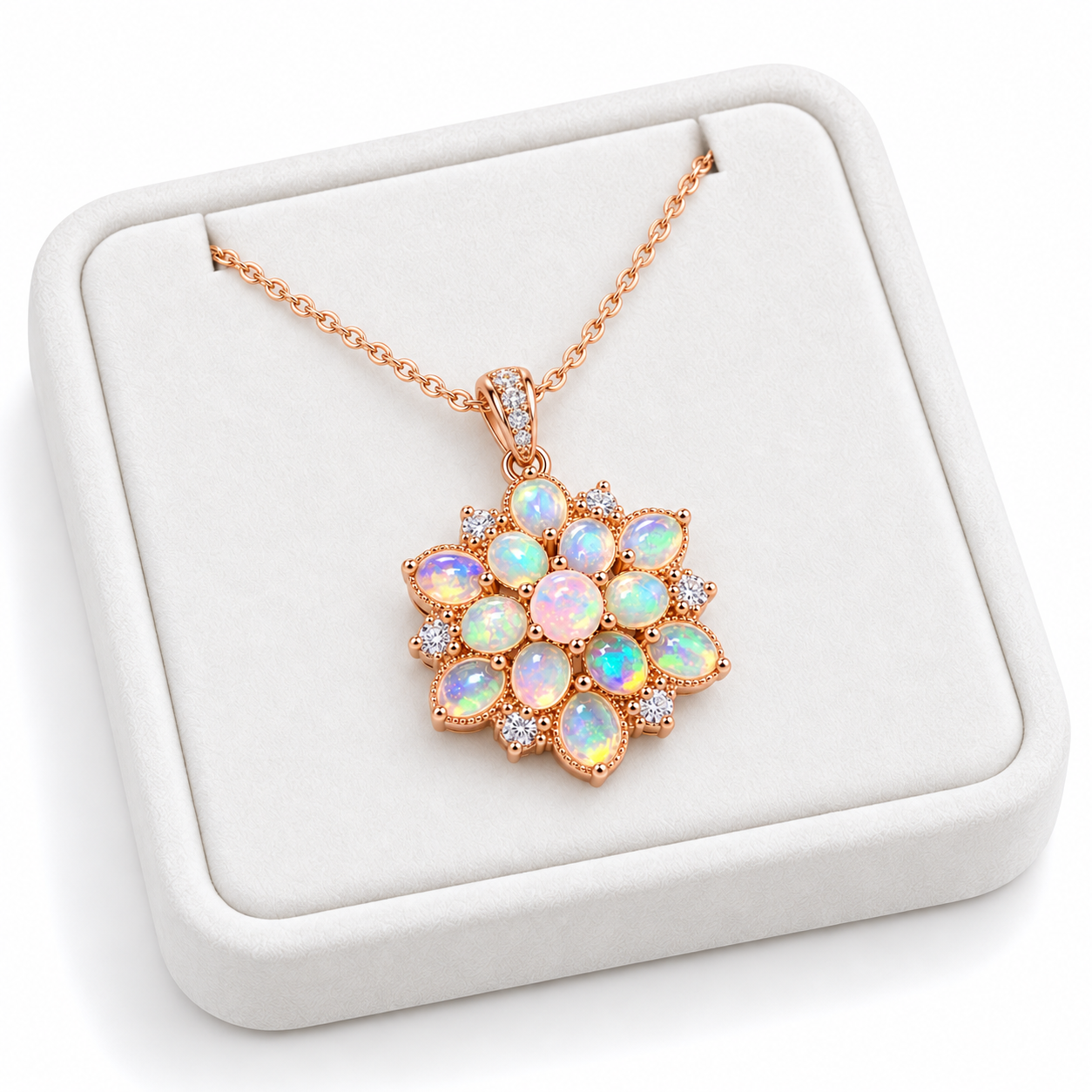 Natural Fire Opal floral cluster necklace displayed on a white velvet jewelry tray