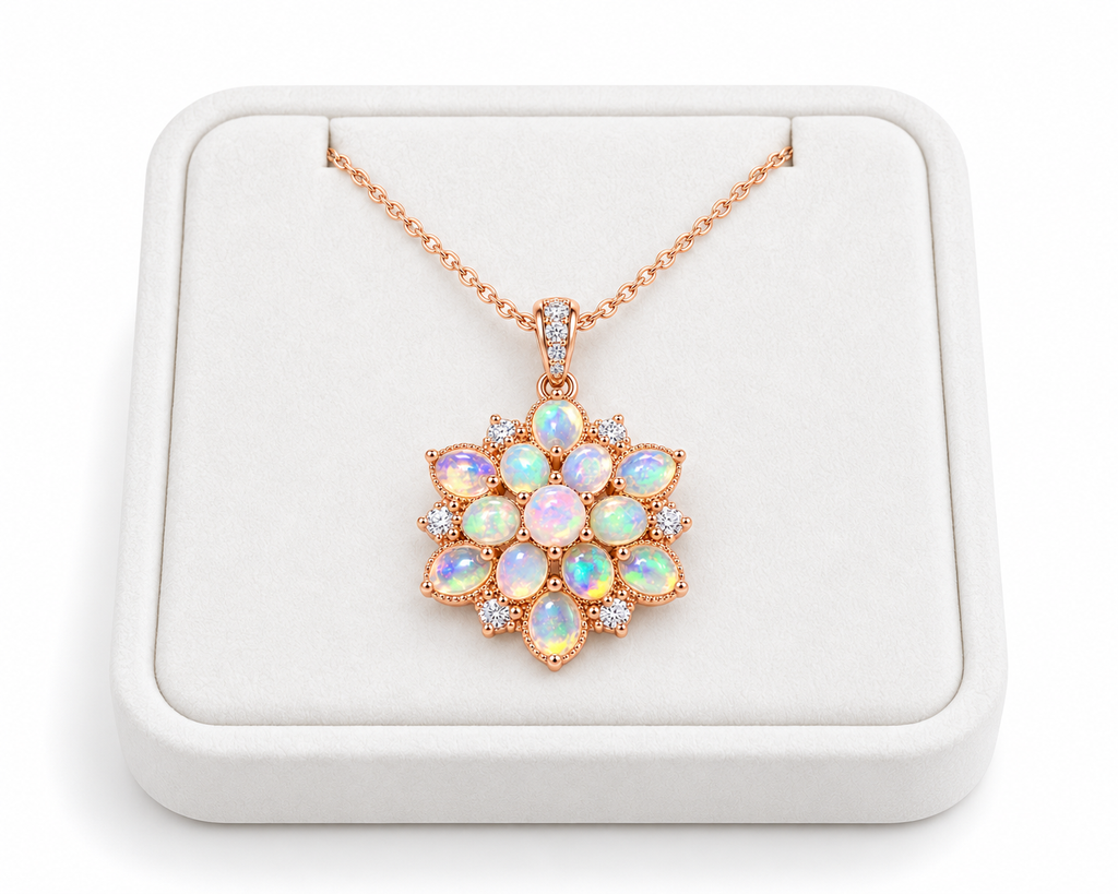 Natural Fire Opal floral cluster necklace displayed on a white velvet jewelry tray