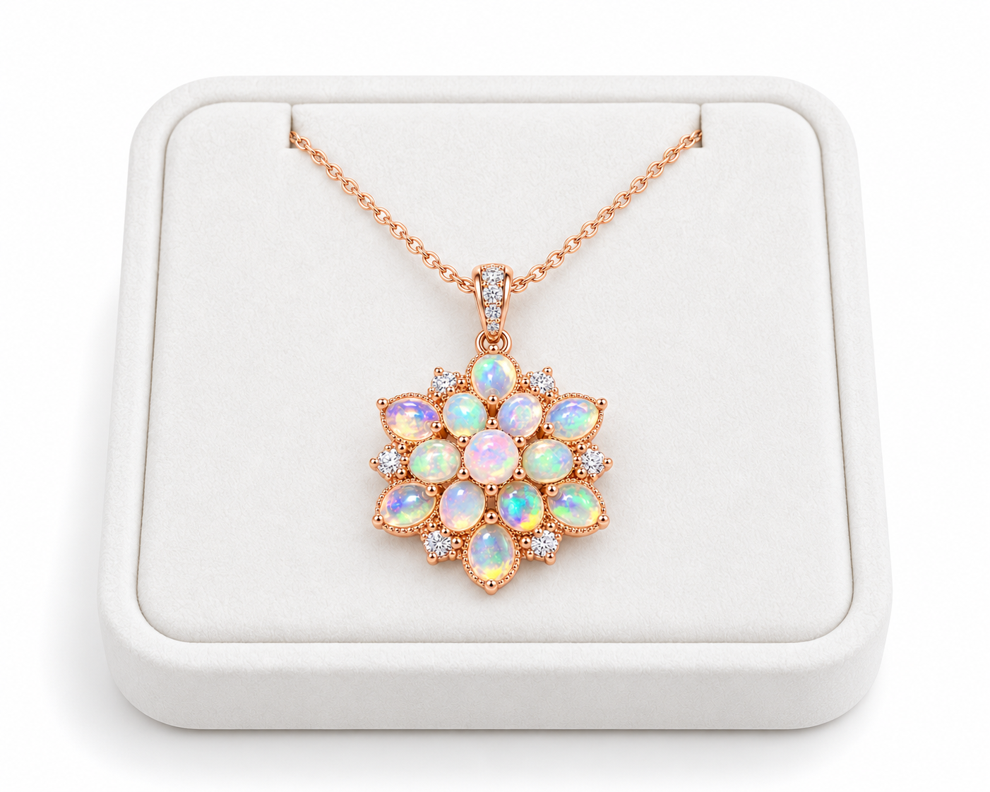 Natural Fire Opal floral cluster necklace displayed on a white velvet jewelry tray