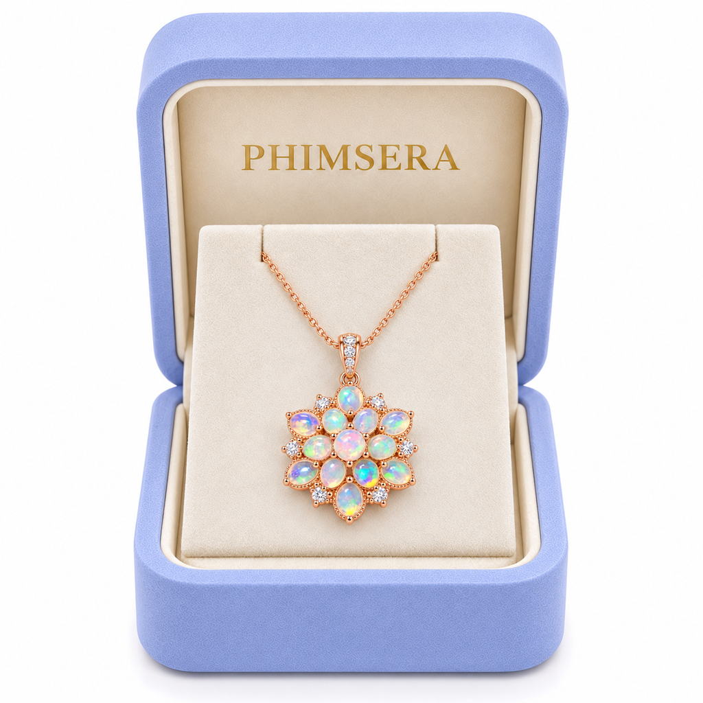 Natural Fire Opal floral cluster necklace presented in a Phimsera jewelry box