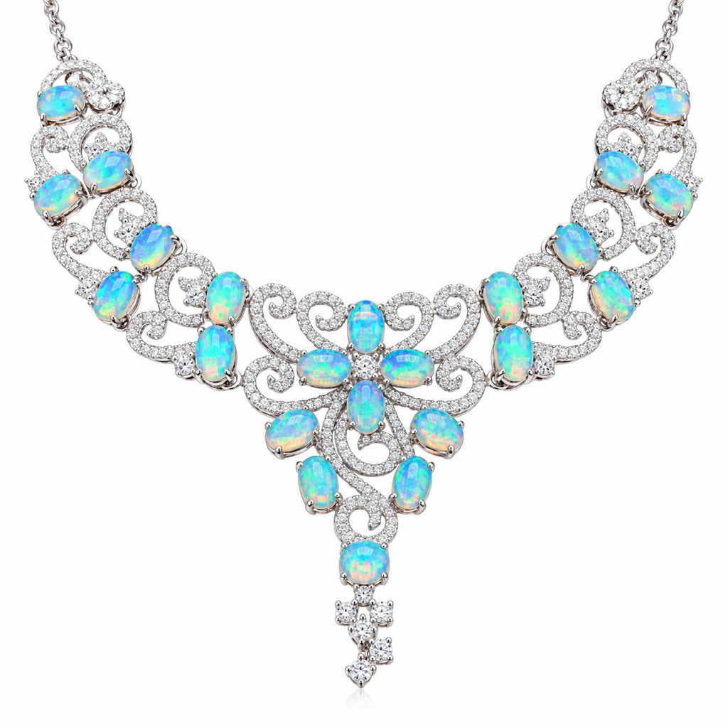 3x4mm fire opal necklace in 925 sterling silver on a white background